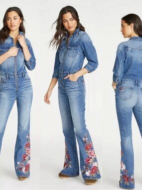 Driftwood Denim Flare Jumpsuit Floral Embroidered Size XS